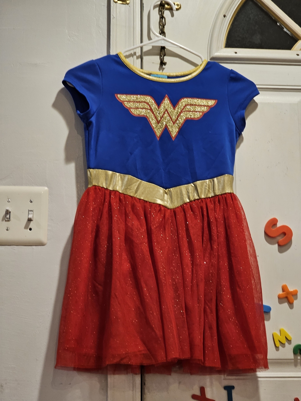 Girls Blue and Red Superhero Tutu Dress with Gold Emblem